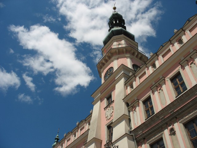 The front of a city hall.